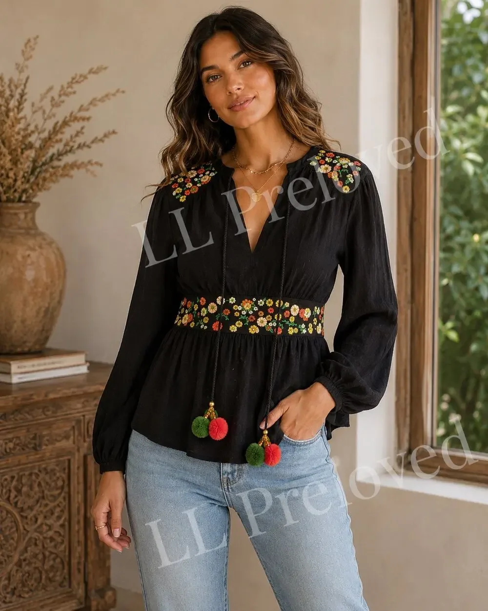 Vintage Black Embroidered Boho Peasant Mini Dress Pom Pom Tassel Tunic